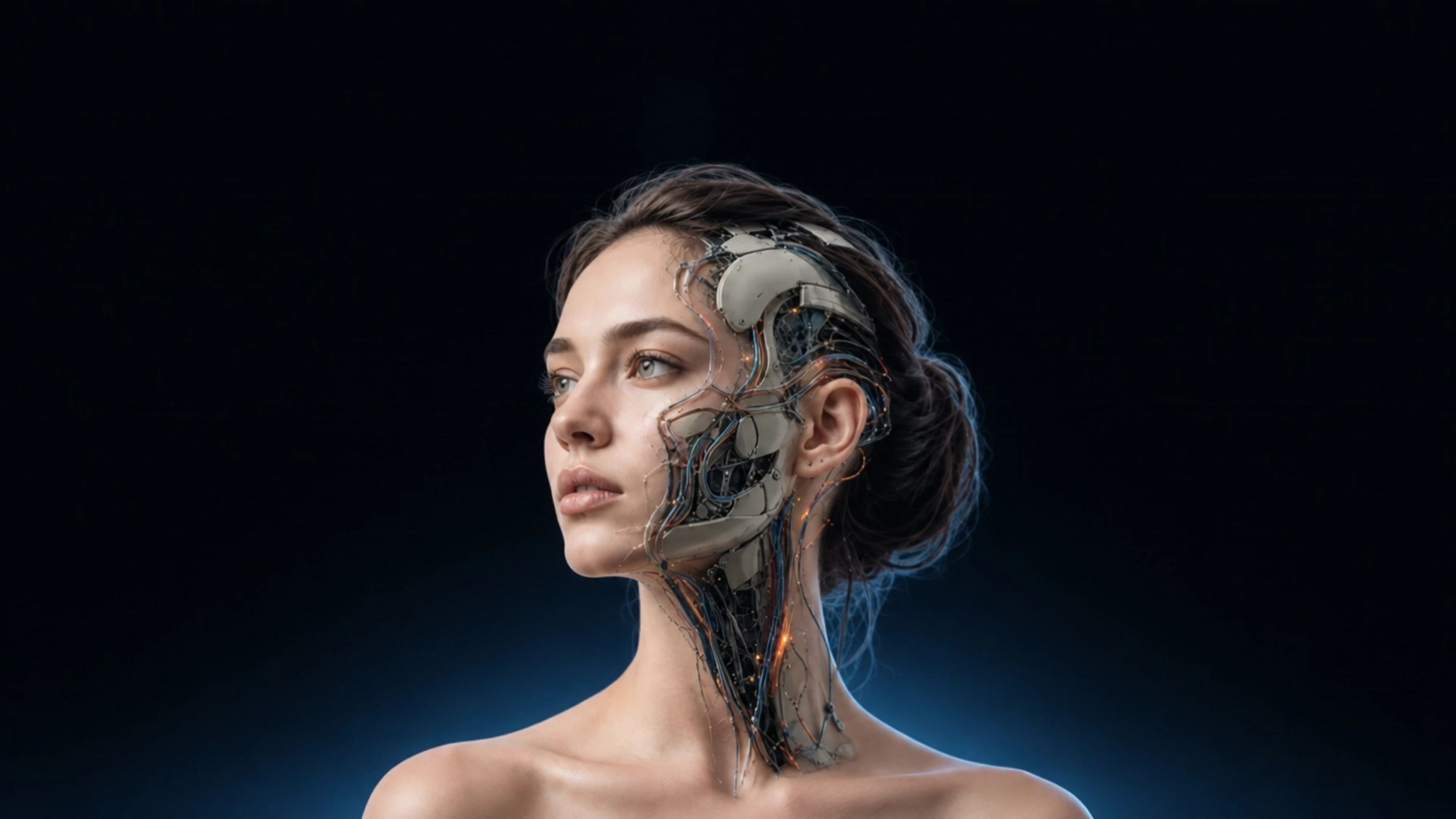 Rudy Systems' half-human, half-digital woman, looking to the left with detailed circuitry across her face and neck