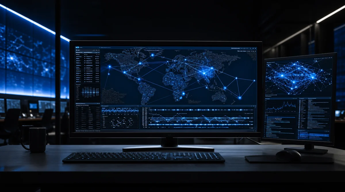 Cybersecurity operations monitors displaying network telemetry